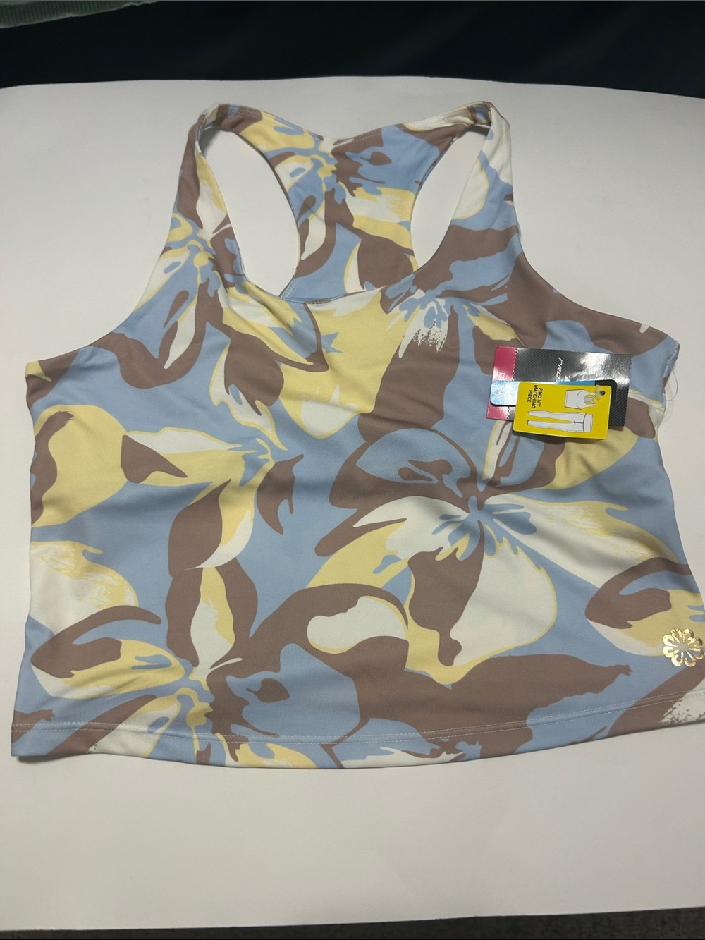 Pro Player banana leaf Racerback Sports Bra Tank - Blue, Yellow, Cream, Brown